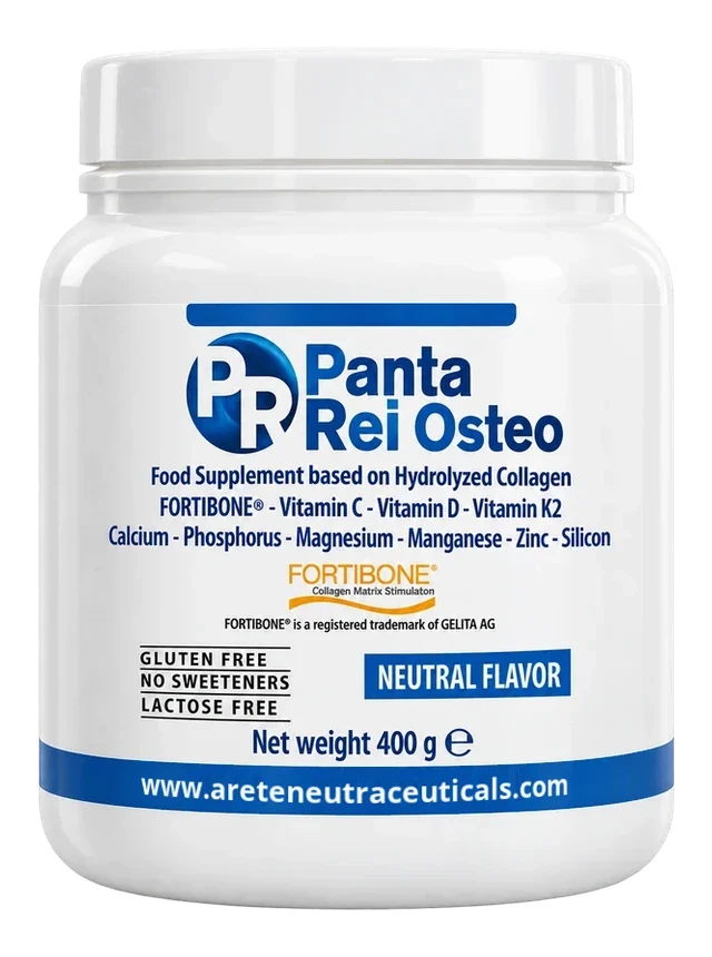 Barattolo di Panta Osteo da 400 g con il marchio FORTIBONE® sull'etichetta