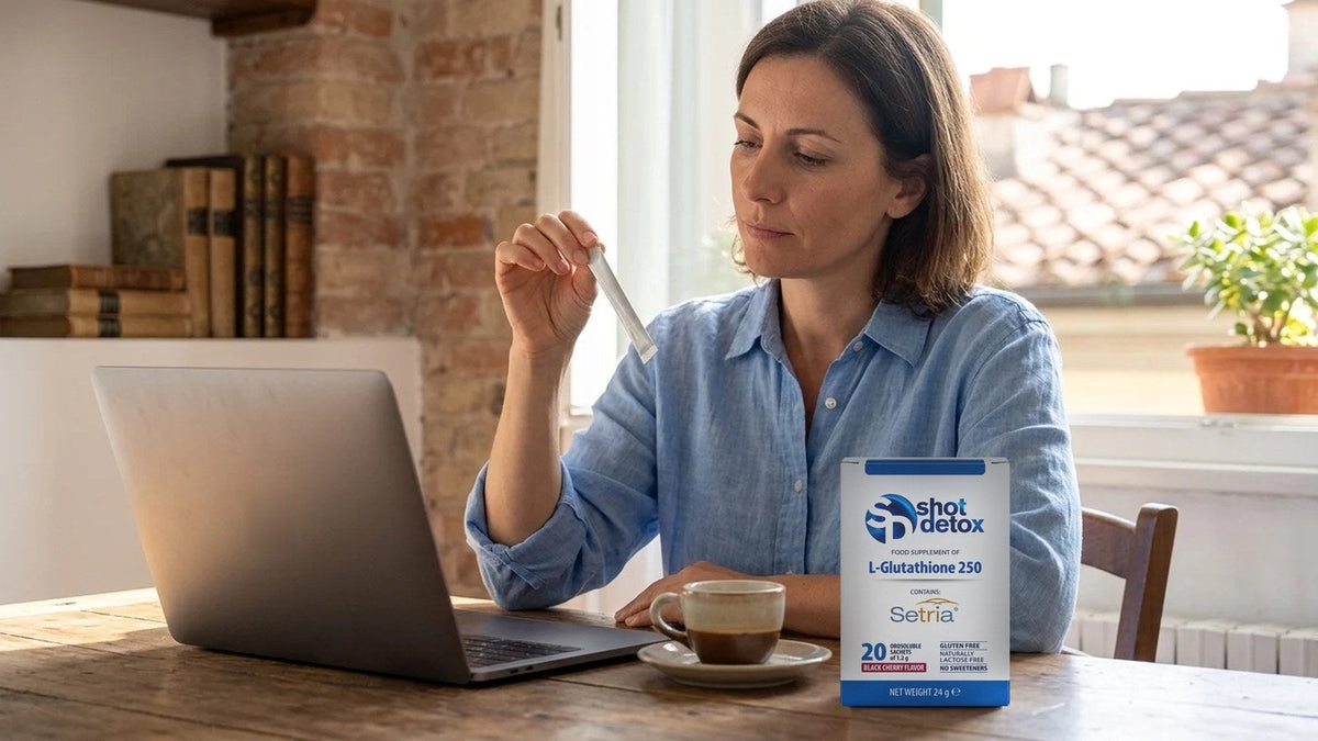 Glutatione ridotto in stick orosolubile: una donna alla scrivania tiene uno stick, accanto c'è la confezione
