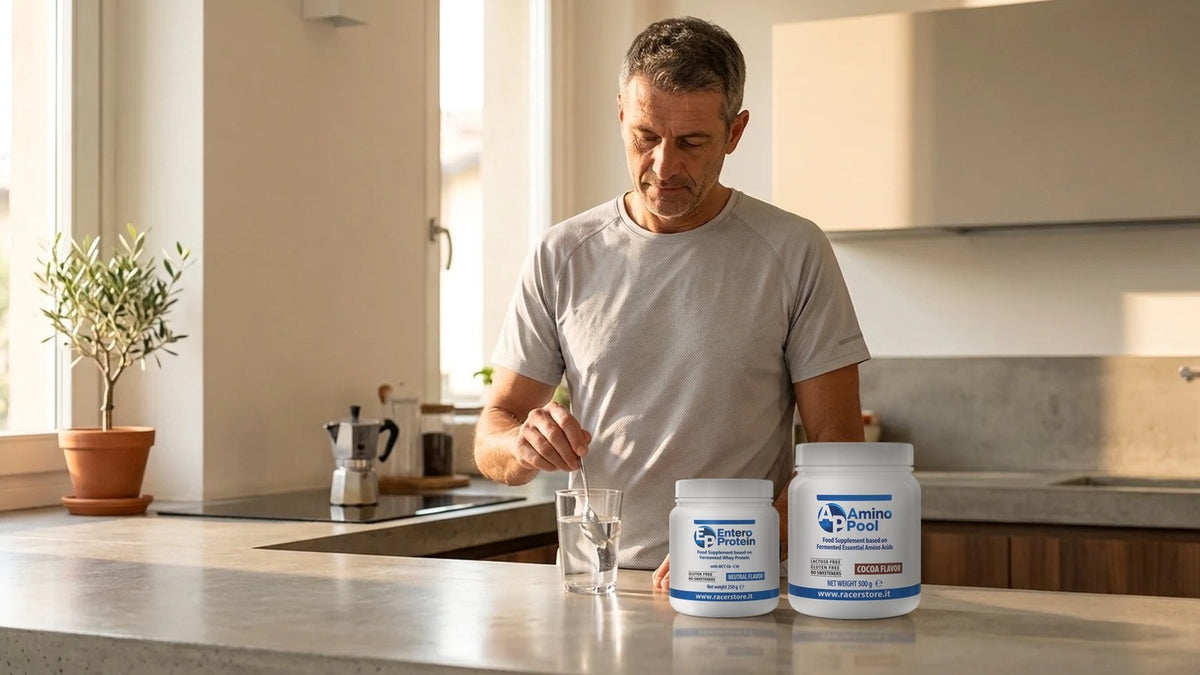Per medici e farmacisti: un uomo mescola una dose in un bicchiere d'acqua accanto ai barattoli di Enteroprotein e Amino Pool