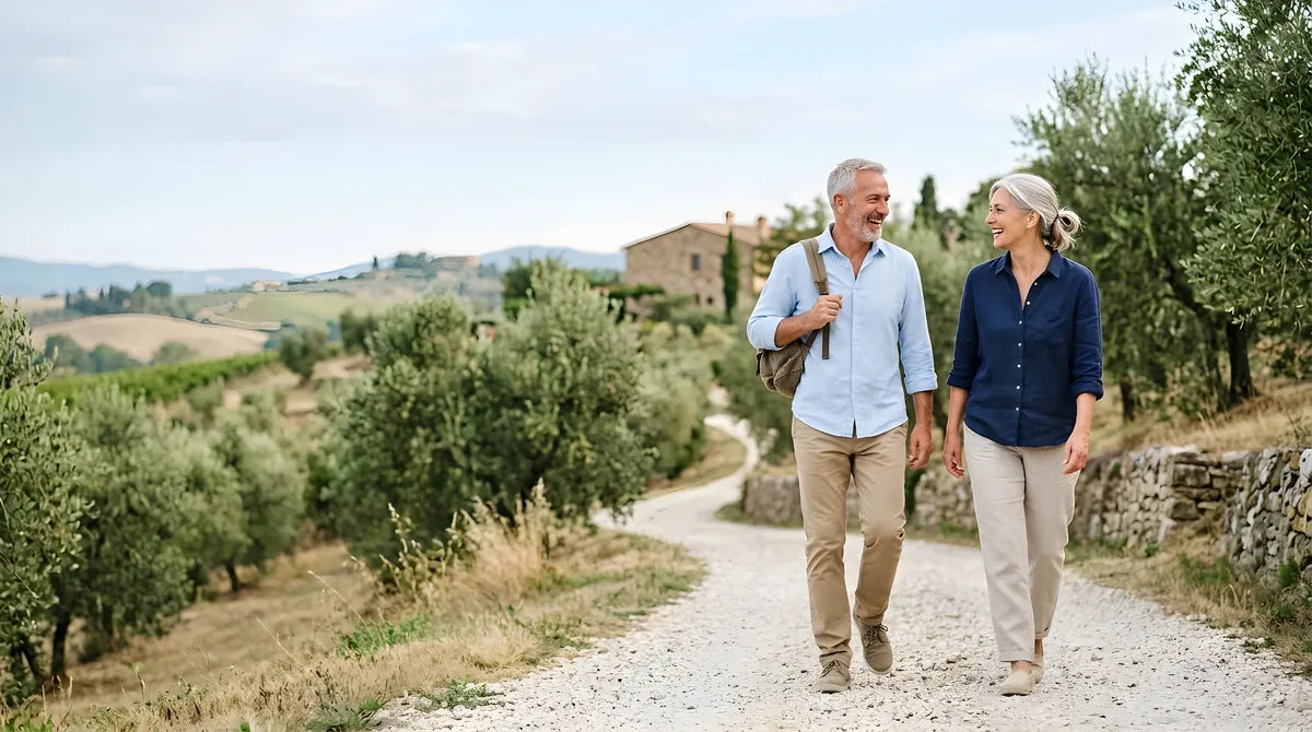 Una coppia sui sessant'anni cammina tra gli ulivi su una strada bianca di campagna