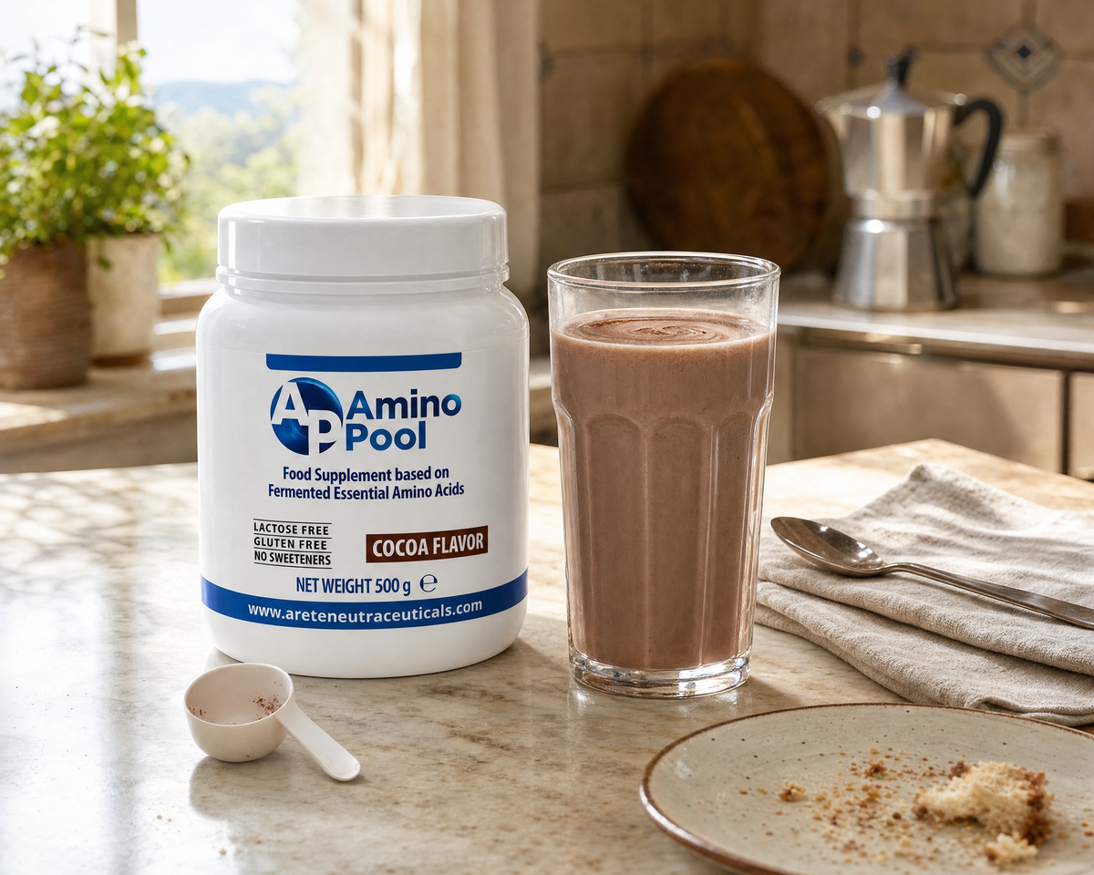 Amino Pool in cucina, con un bicchiere della bevanda al cacao