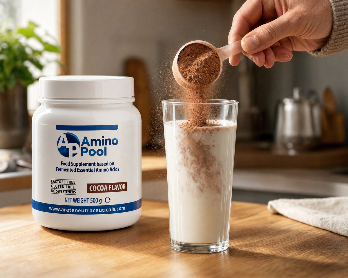 Un misurino di Amino Pool versato in un bicchiere di latte