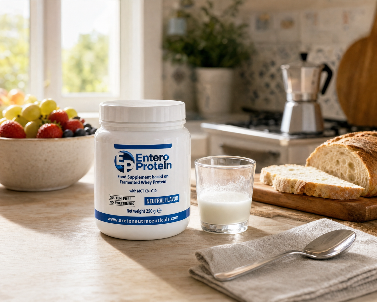 Enteroprotein in cucina, con pane, frutta e un bicchiere di latte