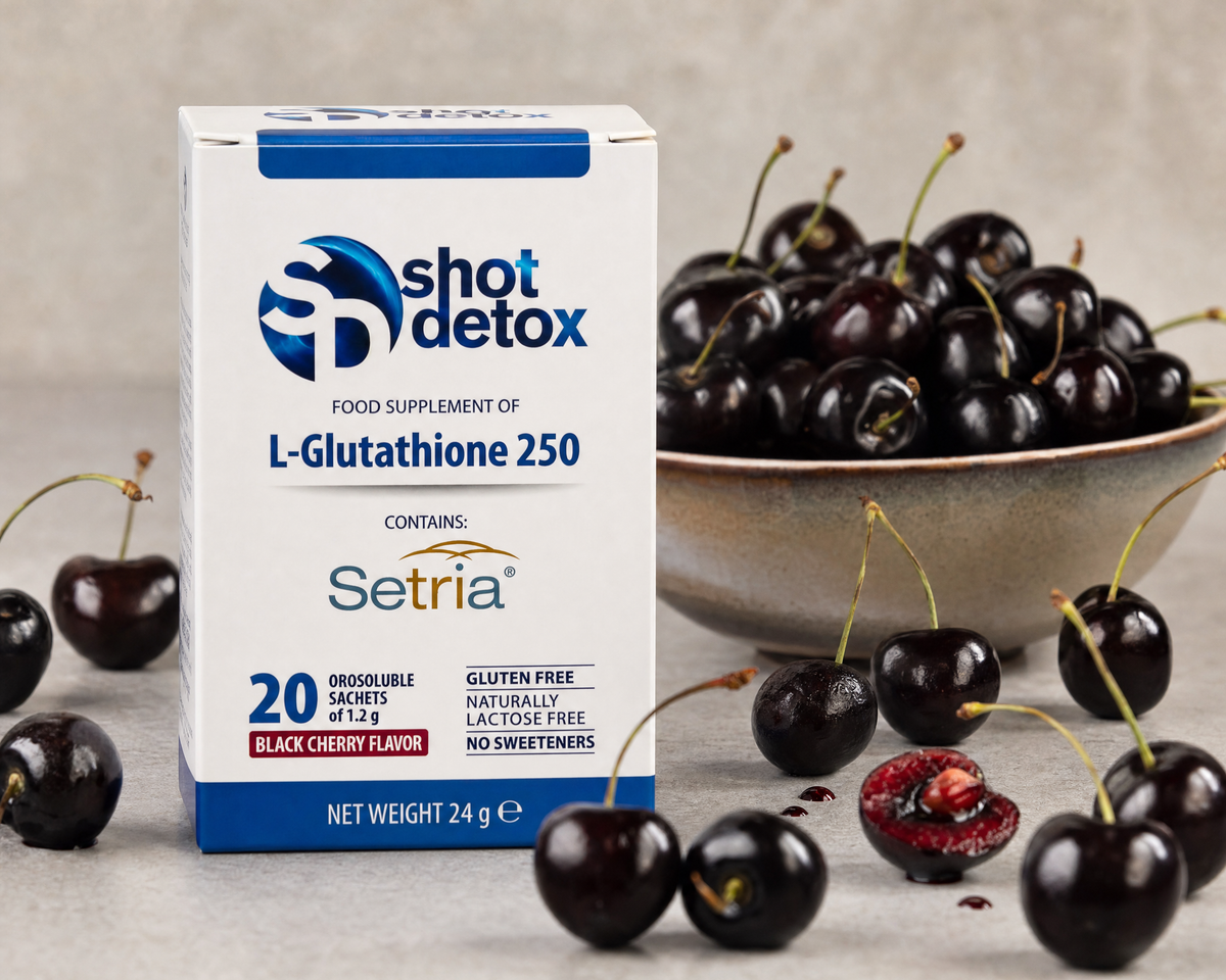 La scatola di Glutathione accanto a una ciotola di amarene