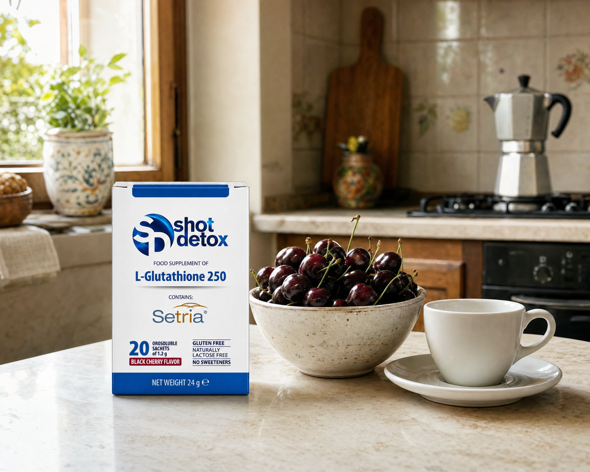 La scatola di Glutathione in cucina, con una ciotola di amarene e una tazzina