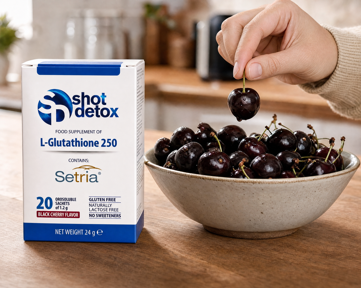 La scatola di Glutathione e una mano che prende un'amarena dalla ciotola