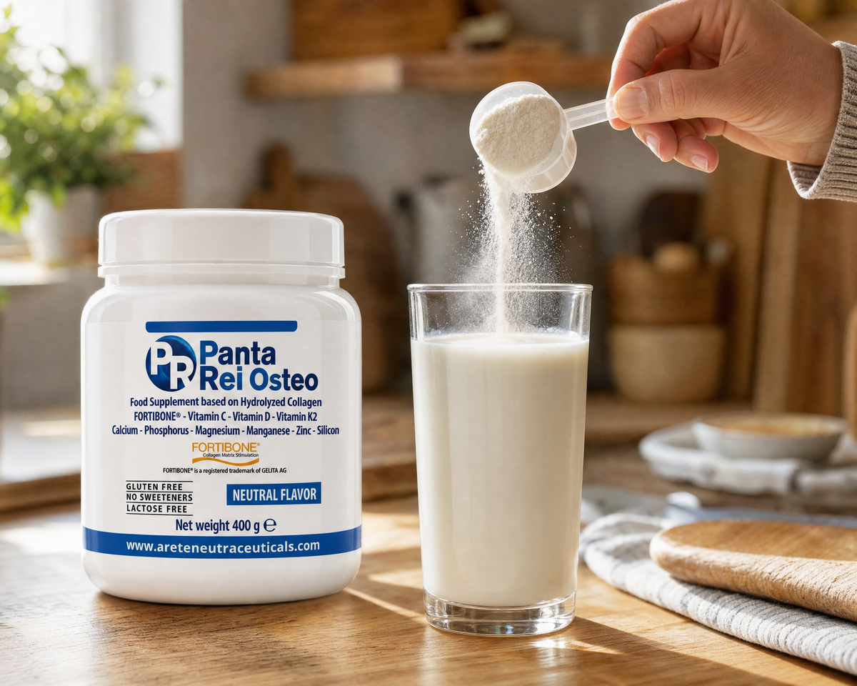 Un misurino di Panta Osteo versato in un bicchiere di latte